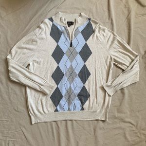 Cream Argyle Quarter Zip Mens Sweater